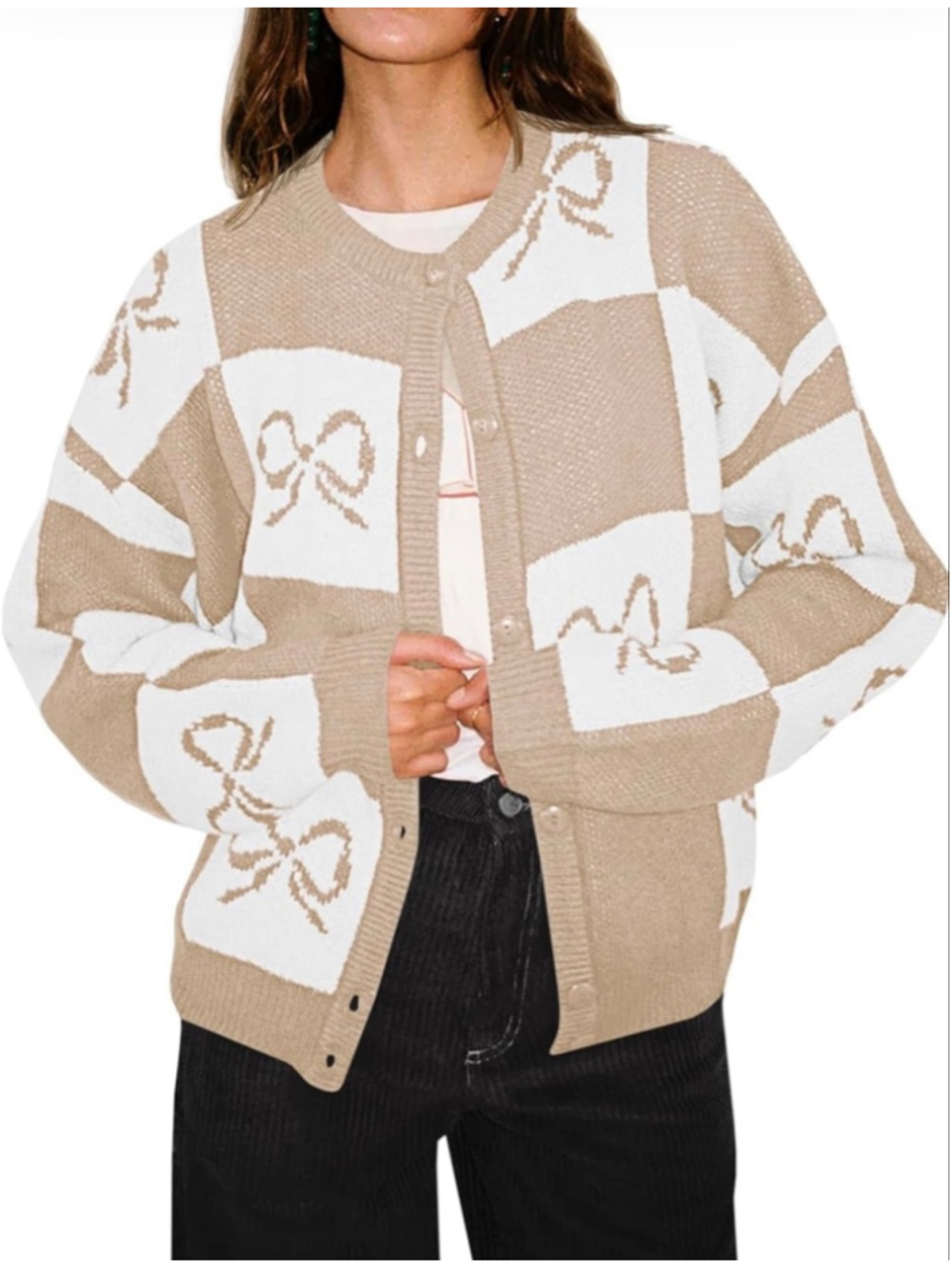 NEW Beige & White Bow Checkered Button Down Cardigan Sweater S
